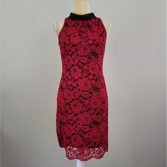 WHITE HOUSE BLACK MARKET Size 2 Raspberry Red Lace Bow Tie Neck Cocktail Dress - Picture 1 of 10